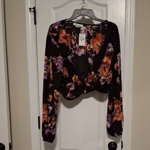Chic Floral Wrap Blouse & Skirt set - Black and Orange